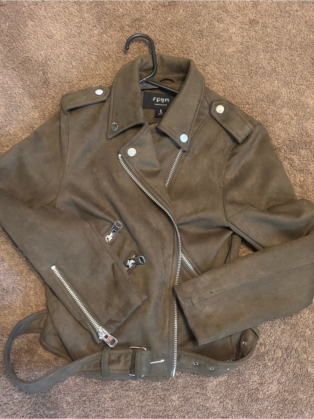 Olive Suede “Biker” Jacket with Silver Hardware